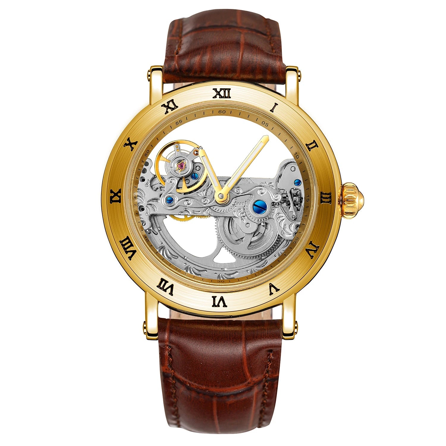 Relógios mecânicos vintage ponte dourada esqueleto automático relógio masculino luxo cinto de couro genuíno esculpido movimento luminoso mão