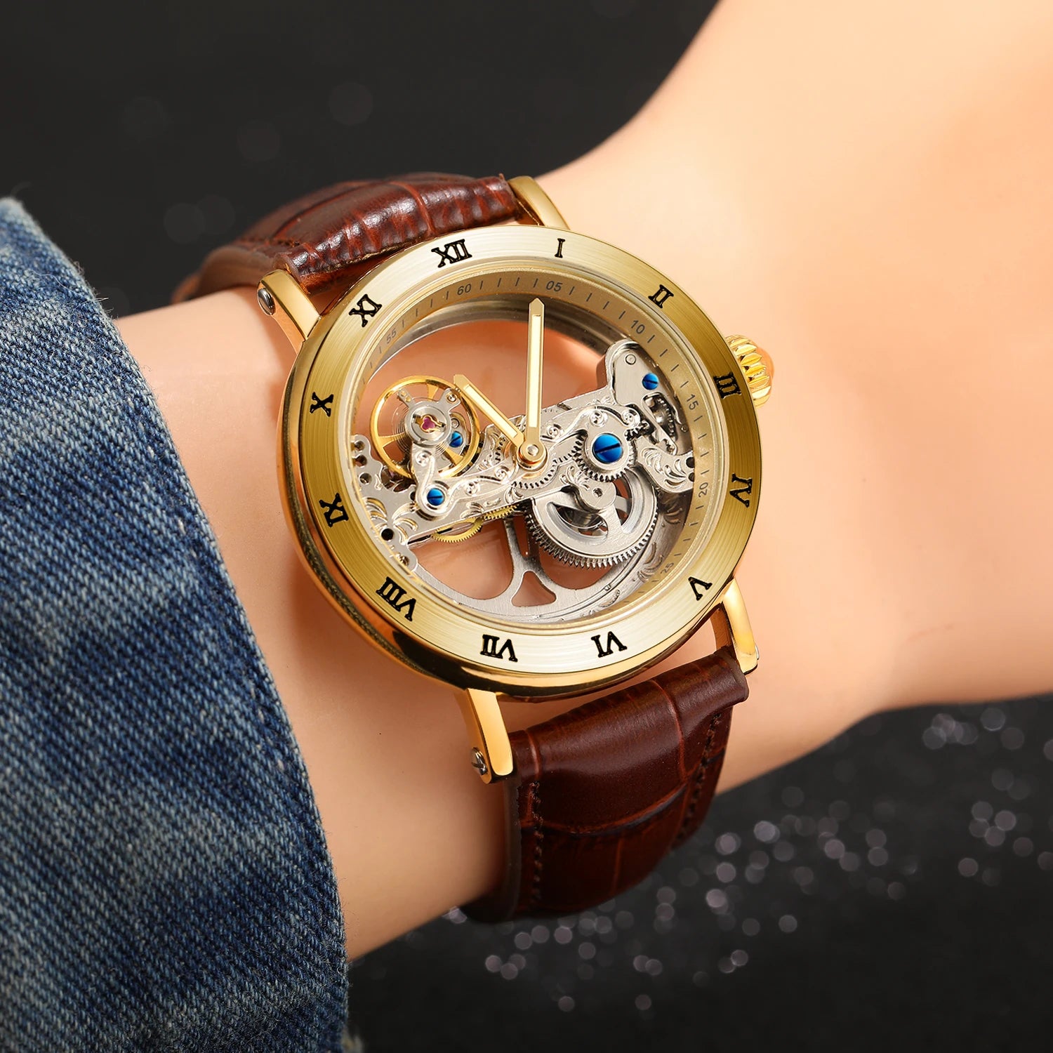 Relógios mecânicos vintage ponte dourada esqueleto automático relógio masculino luxo cinto de couro genuíno esculpido movimento luminoso mão