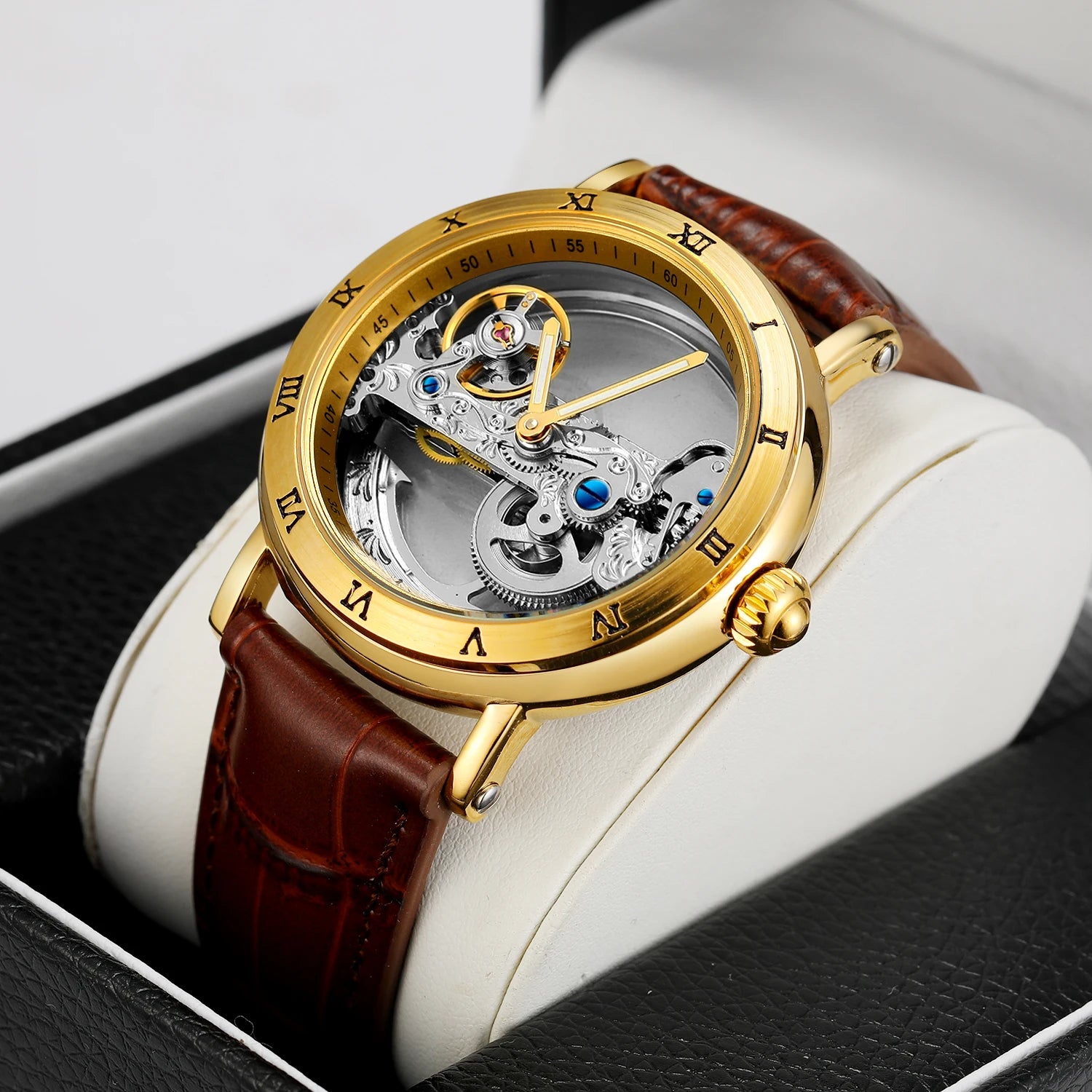 Relógios mecânicos vintage ponte dourada esqueleto automático relógio masculino luxo cinto de couro genuíno esculpido movimento luminoso mão