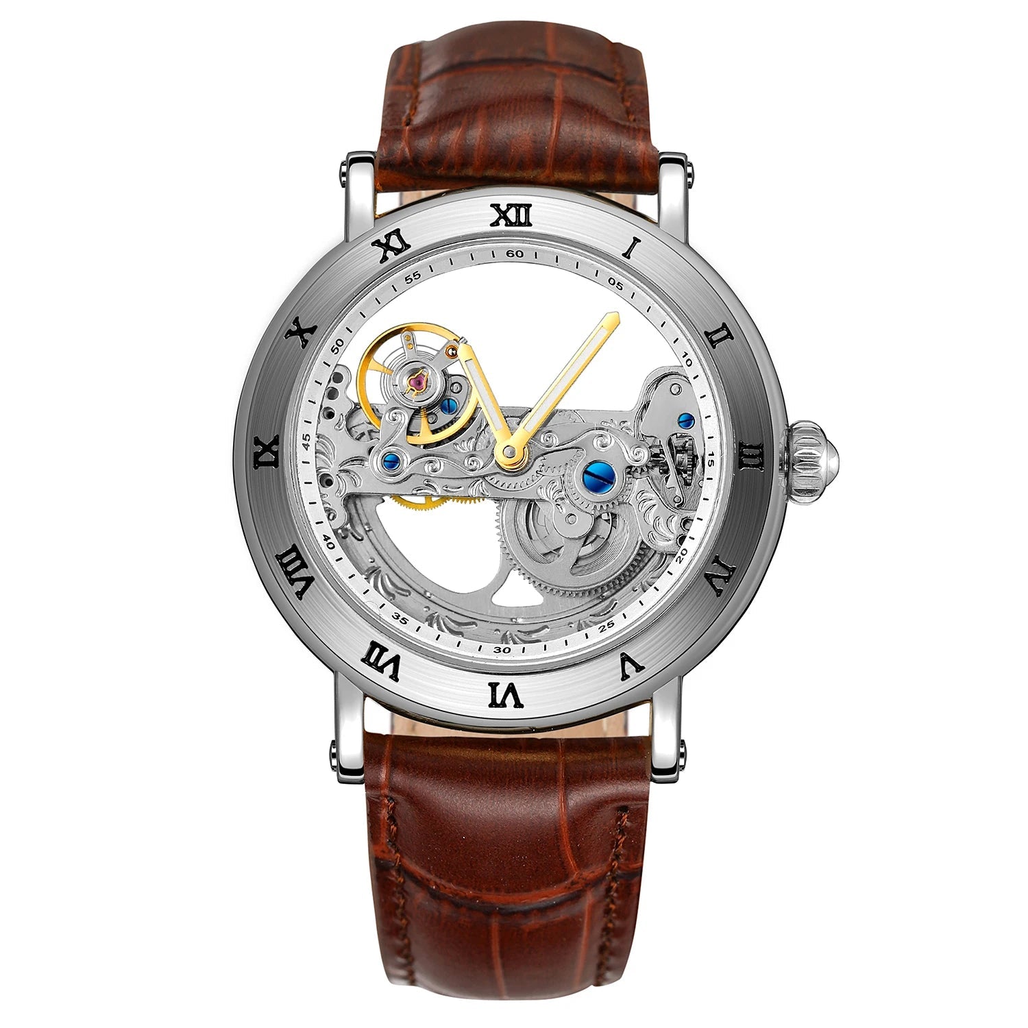 Relógios mecânicos vintage ponte dourada esqueleto automático relógio masculino luxo cinto de couro genuíno esculpido movimento luminoso mão