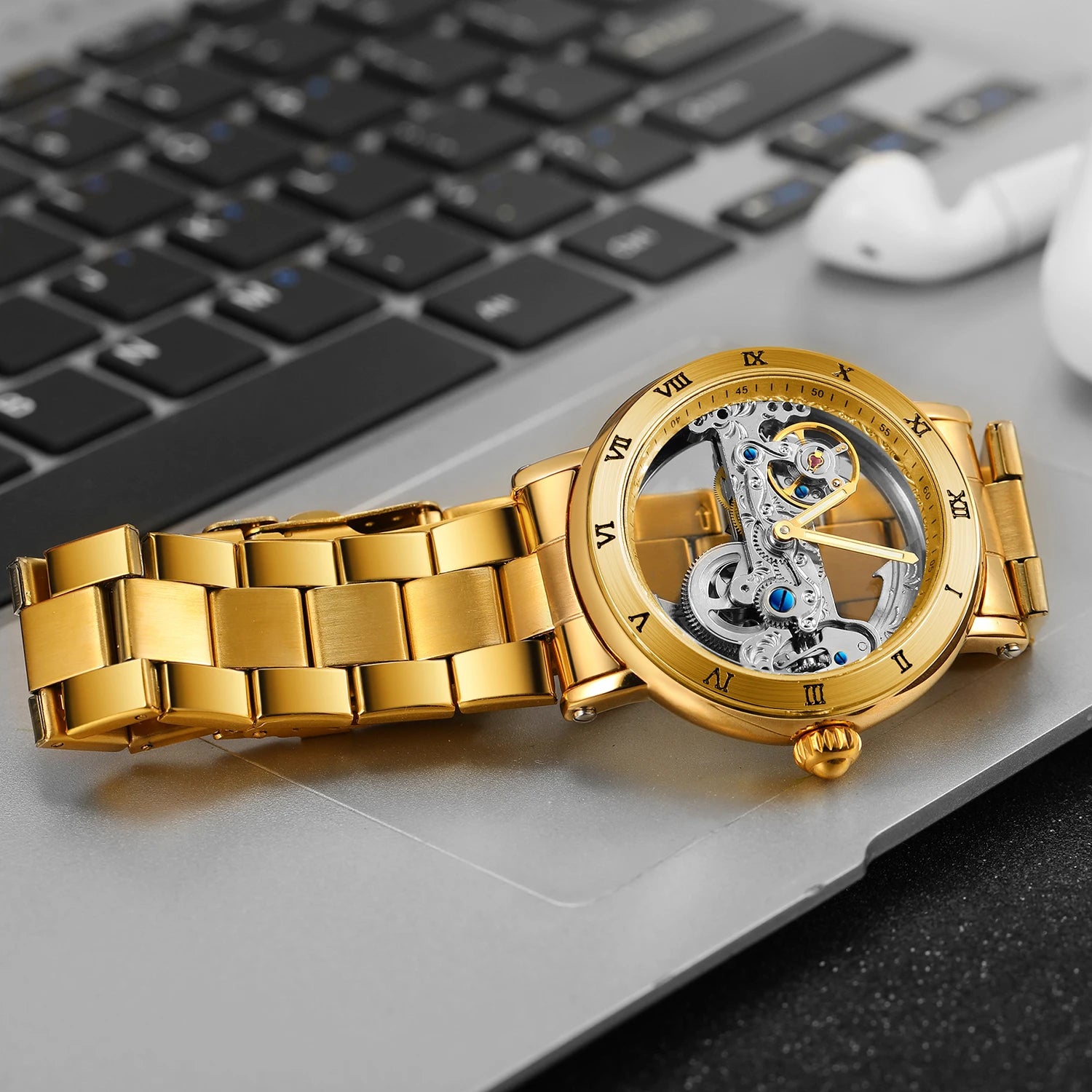 Relógios mecânicos vintage ponte dourada esqueleto automático relógio masculino luxo cinto de couro genuíno esculpido movimento luminoso mão