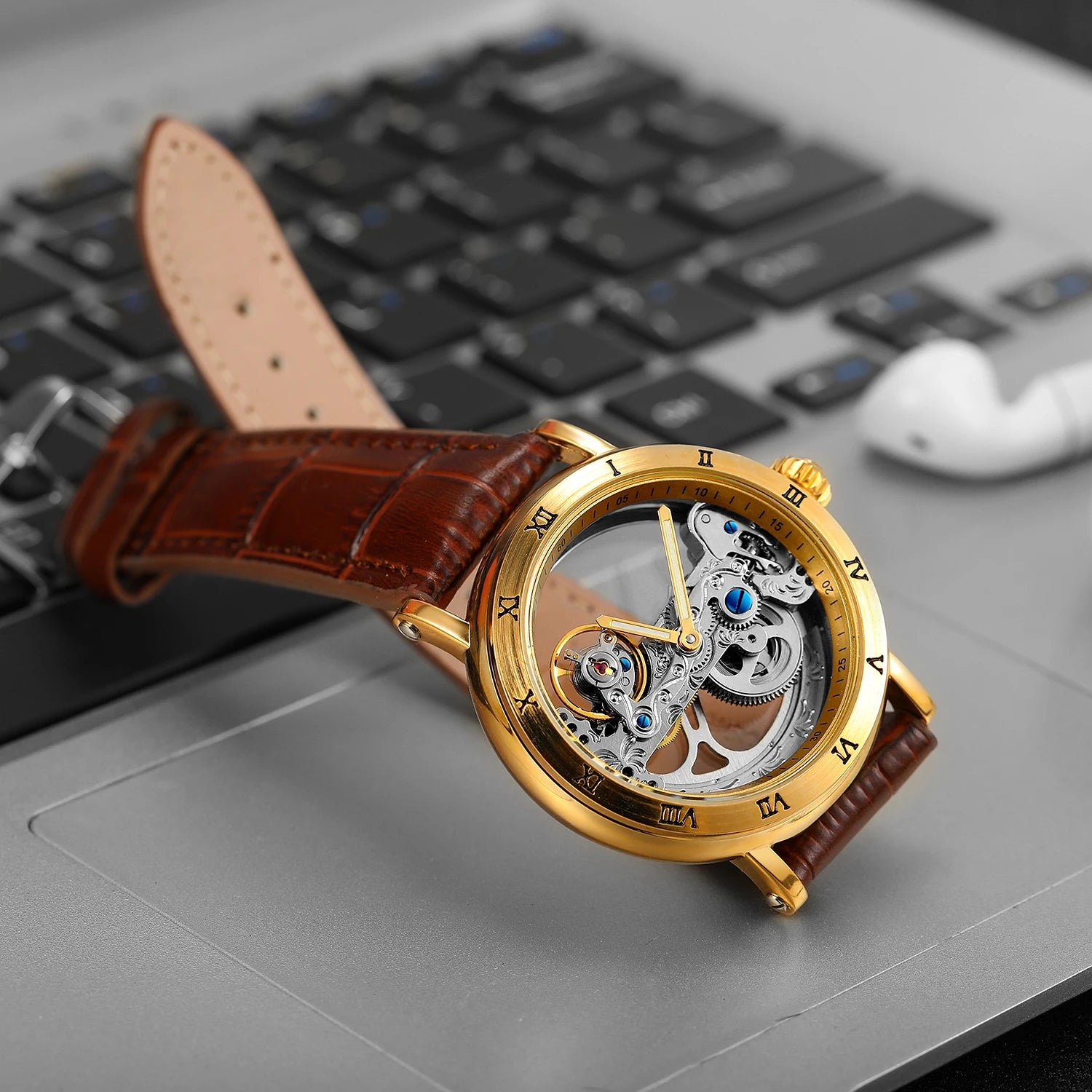 Relógios mecânicos vintage ponte dourada esqueleto automático relógio masculino luxo cinto de couro genuíno esculpido movimento luminoso mão
