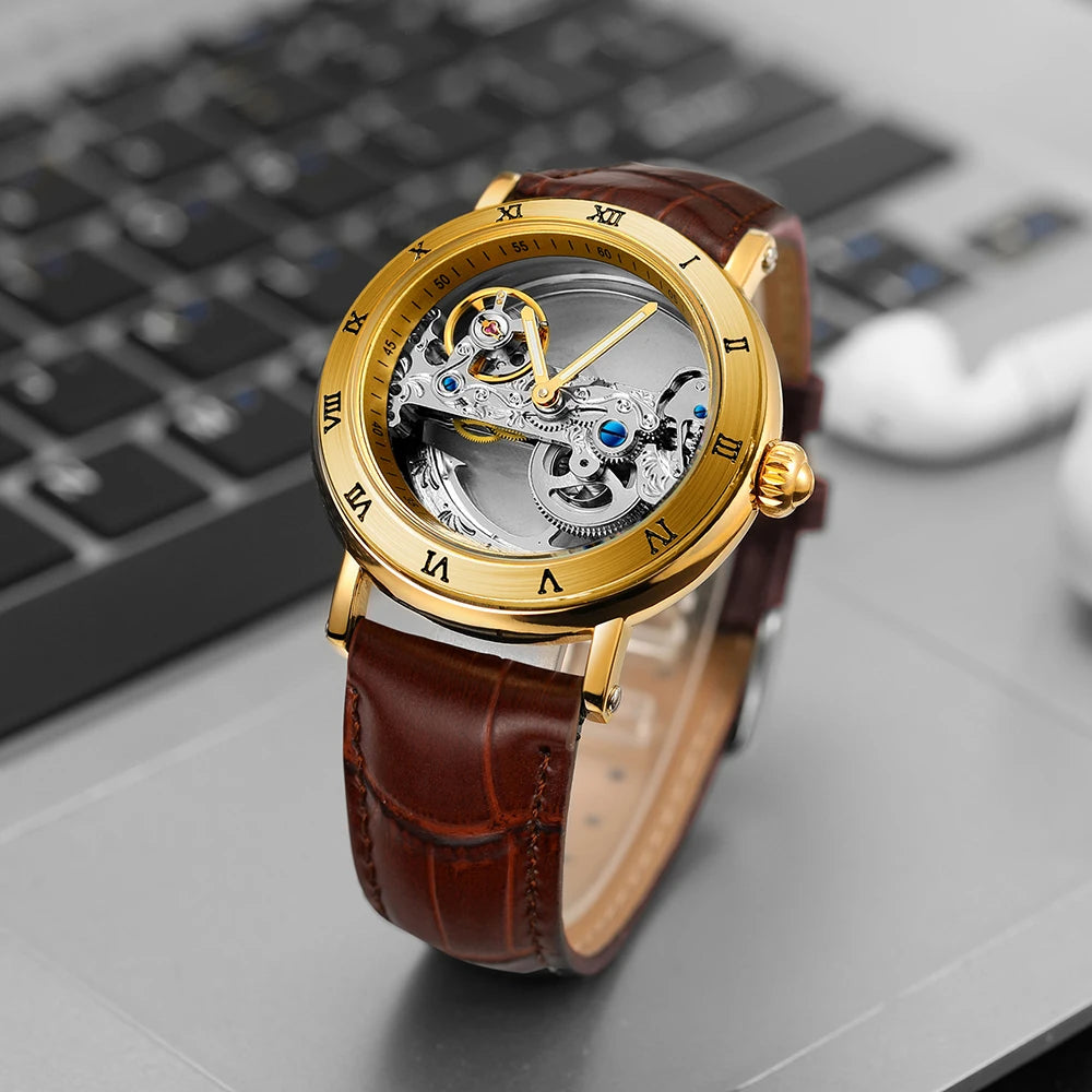 Relógios mecânicos vintage ponte dourada esqueleto automático relógio masculino luxo cinto de couro genuíno esculpido movimento luminoso mão