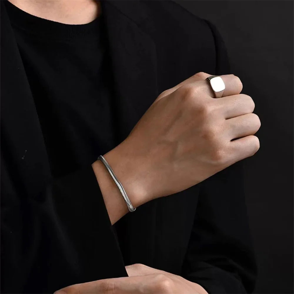 Pulseira de aço inoxidável Flat Snake Chain para homens e mulheres, cor prata, simples, Hip Hop, jóias da moda