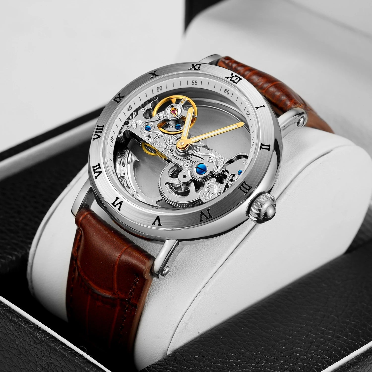 Relógios mecânicos vintage ponte dourada esqueleto automático relógio masculino luxo cinto de couro genuíno esculpido movimento luminoso mão
