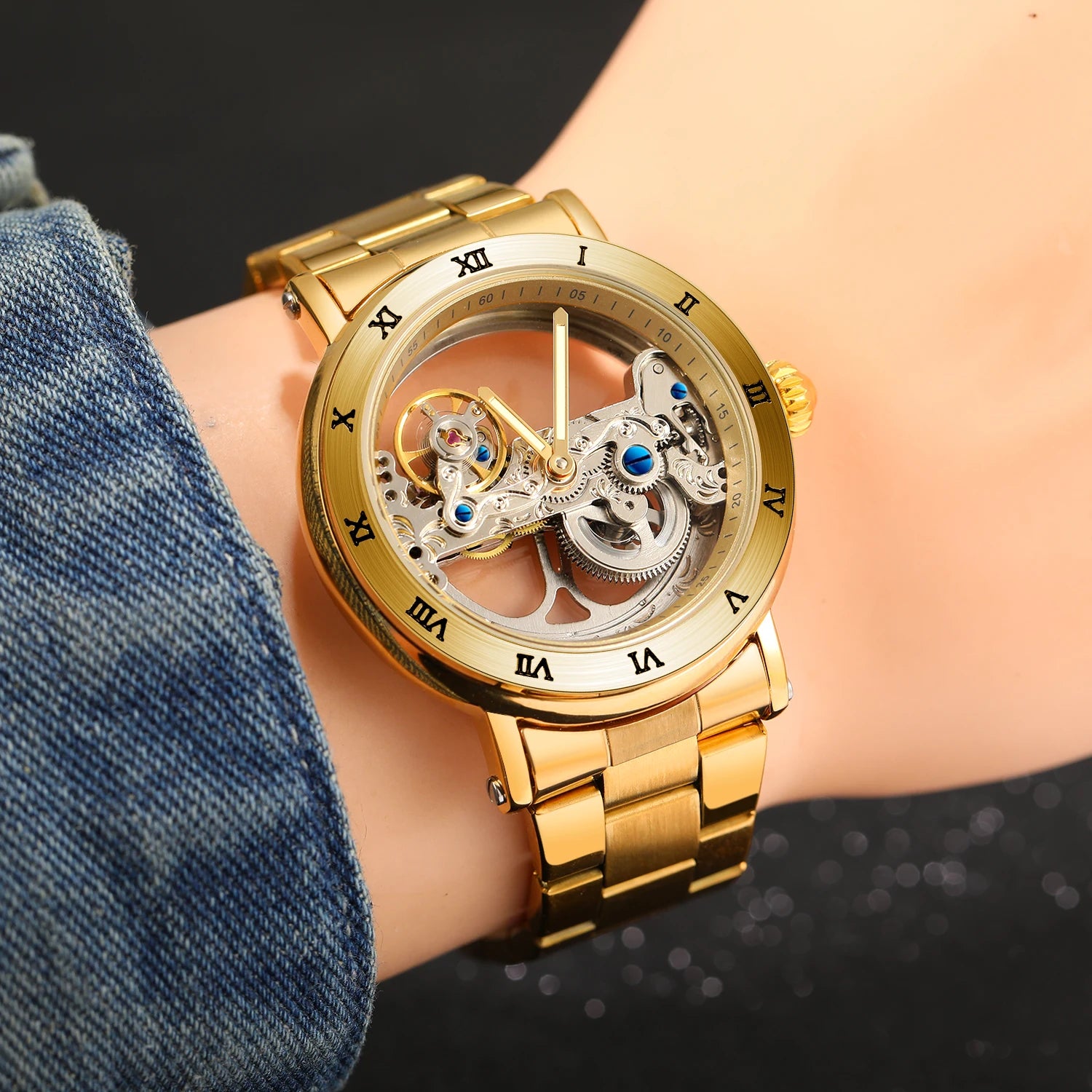 Relógios mecânicos vintage ponte dourada esqueleto automático relógio masculino luxo cinto de couro genuíno esculpido movimento luminoso mão
