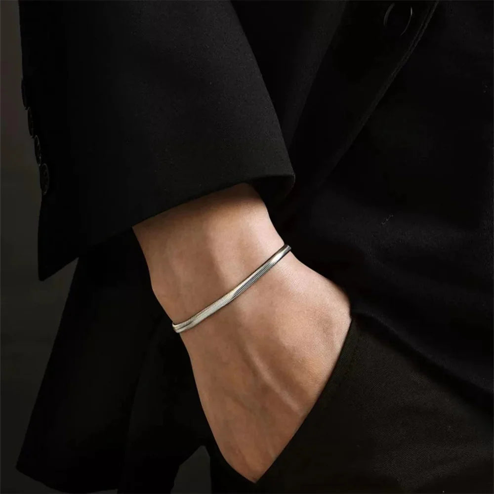 Pulseira de aço inoxidável Flat Snake Chain para homens e mulheres, cor prata, simples, Hip Hop, jóias da moda