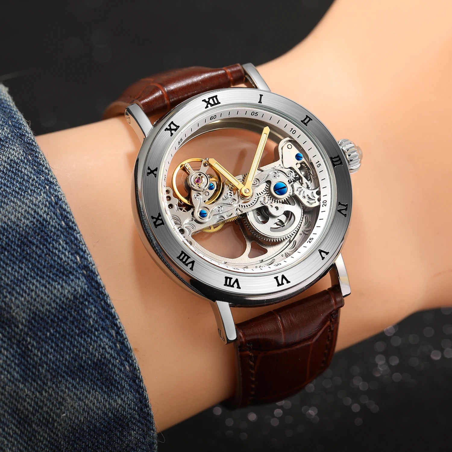 Relógios mecânicos vintage ponte dourada esqueleto automático relógio masculino luxo cinto de couro genuíno esculpido movimento luminoso mão