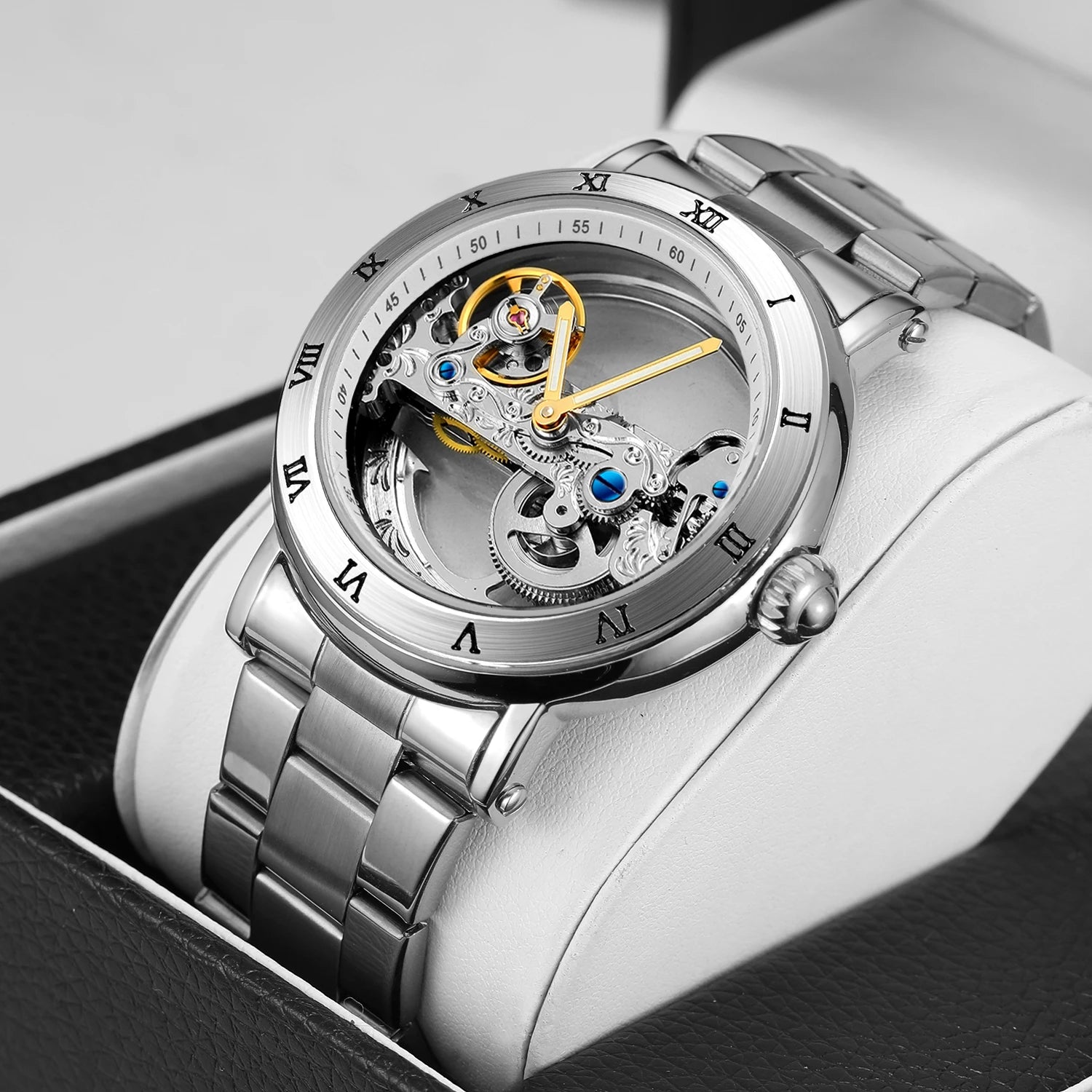 Relógios mecânicos vintage ponte dourada esqueleto automático relógio masculino luxo cinto de couro genuíno esculpido movimento luminoso mão