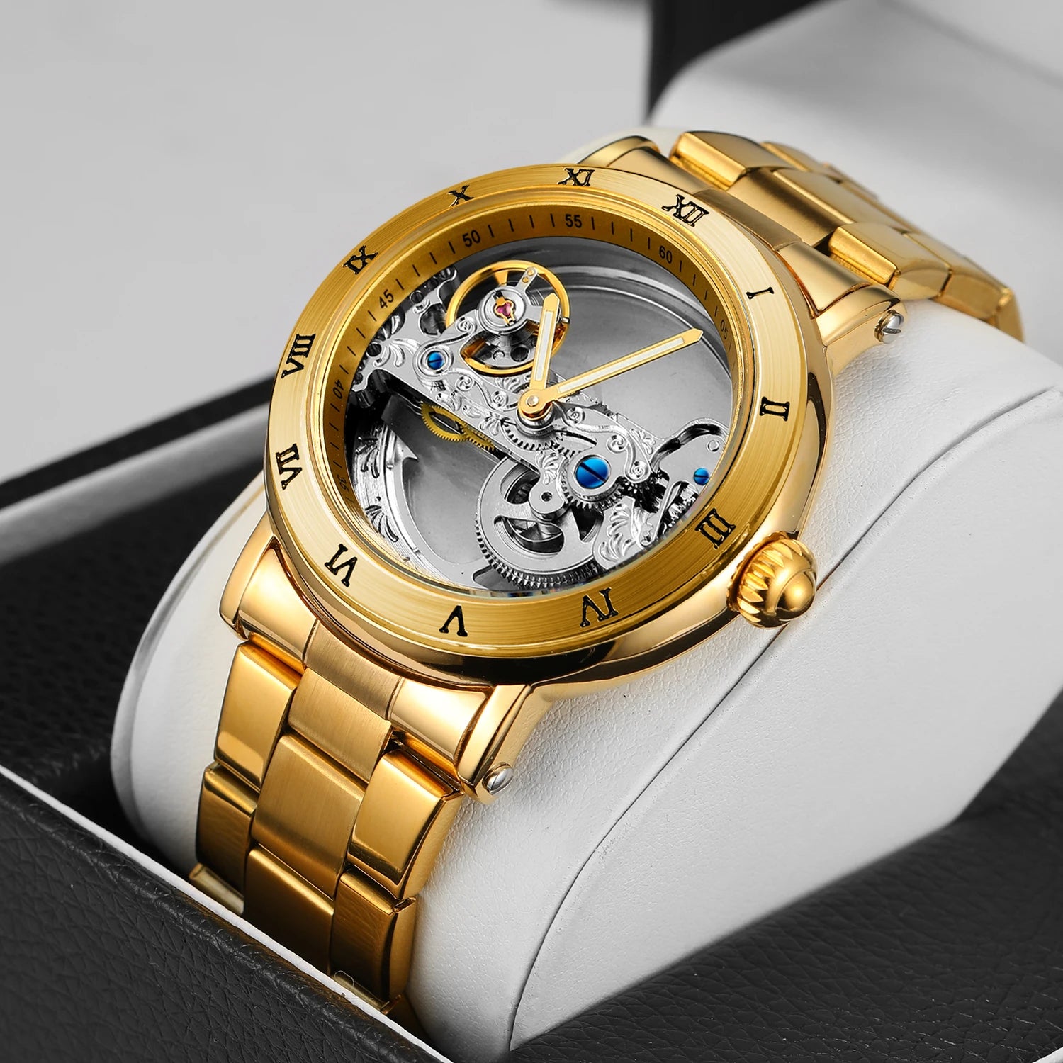 Relógios mecânicos vintage ponte dourada esqueleto automático relógio masculino luxo cinto de couro genuíno esculpido movimento luminoso mão