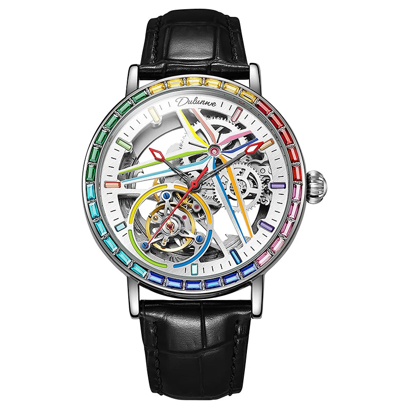 Relógio de Turbilhão de Pedras Preciosas Coloridas Arco-íris Masculino, Esqueleto, 30m, Relógios Esportivos, Luxo, Automático, Mecânico, Moda