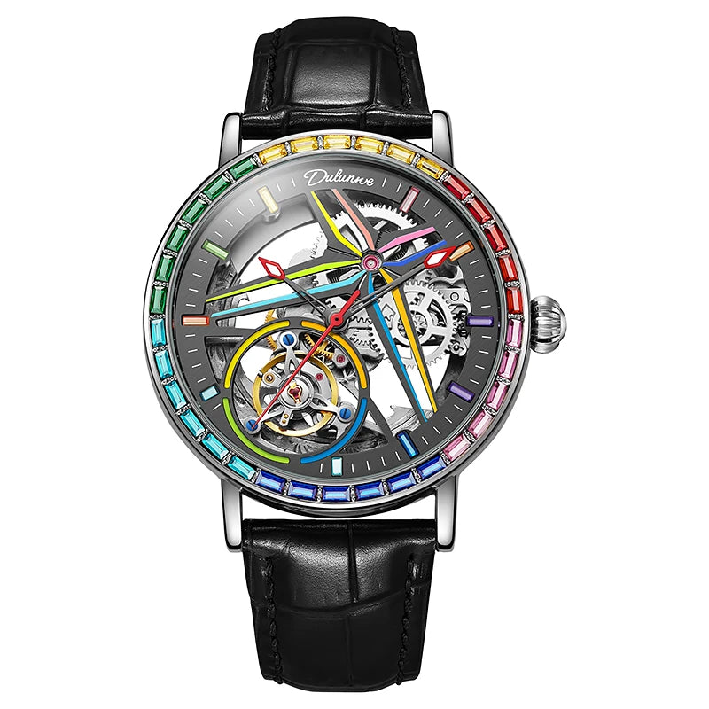 Relógio de Turbilhão de Pedras Preciosas Coloridas Arco-íris Masculino, Esqueleto, 30m, Relógios Esportivos, Luxo, Automático, Mecânico, Moda