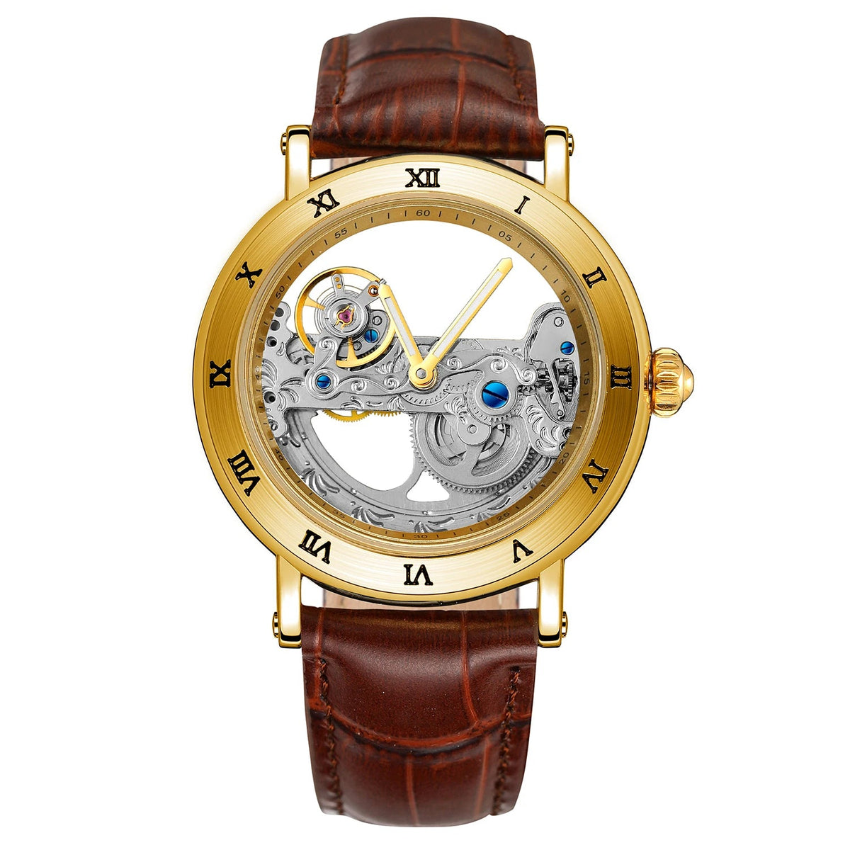 Relógios mecânicos vintage ponte dourada esqueleto automático relógio masculino luxo cinto de couro genuíno esculpido movimento luminoso mão