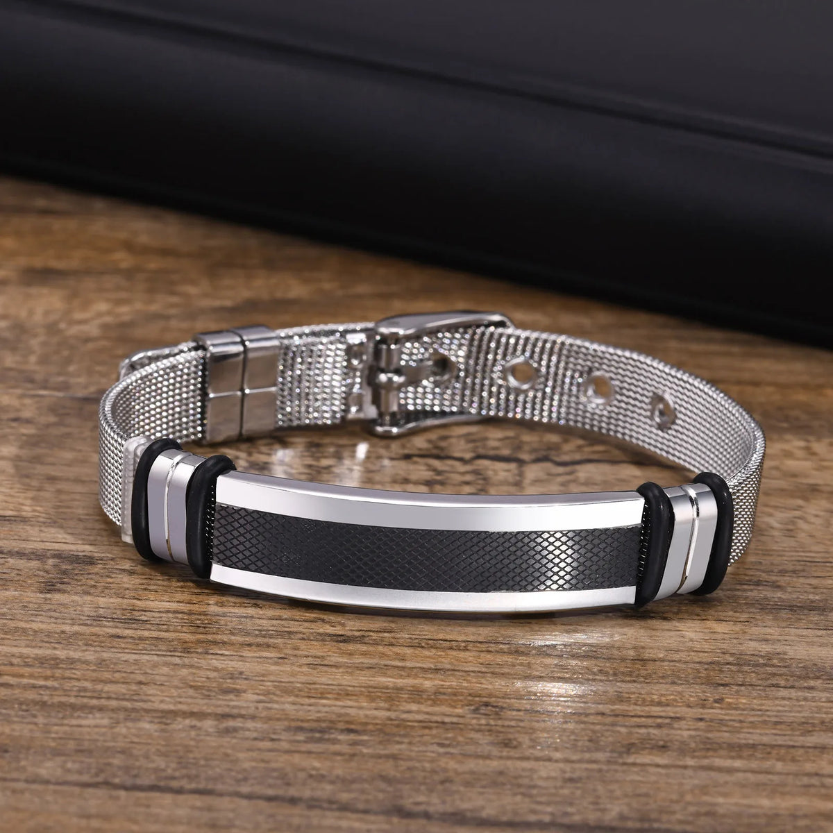 Vnox-Pulseiras de malha casual para homens e meninos, aço inoxidável ID Bar Tag, pulseira ajustável, comprimento bandas ajustáveis