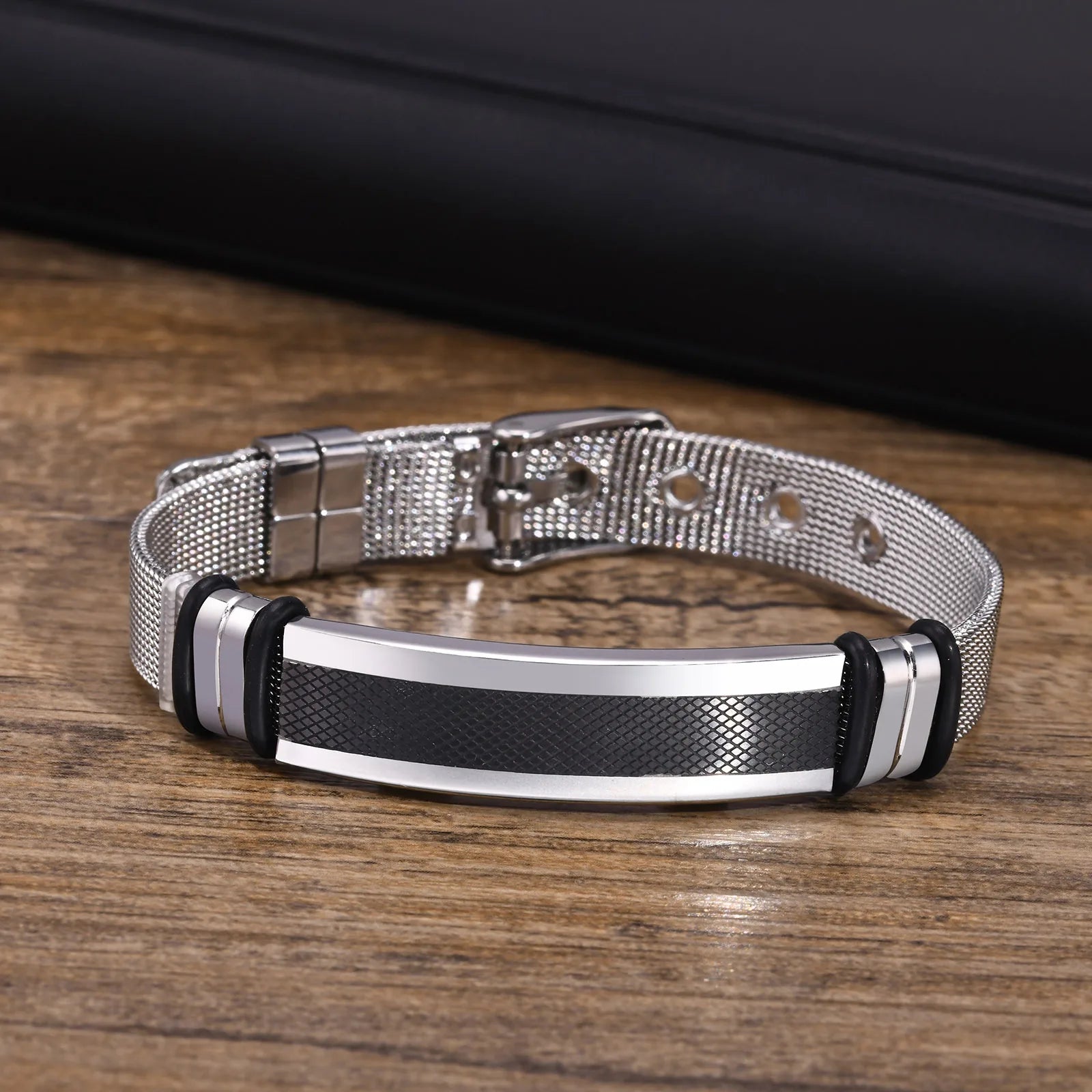 Vnox-Pulseiras de malha casual para homens e meninos, aço inoxidável ID Bar Tag, pulseira ajustável, comprimento bandas ajustáveis