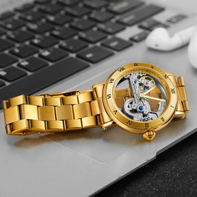 Relógios mecânicos vintage ponte dourada esqueleto automático relógio masculino luxo cinto de couro genuíno esculpido movimento luminoso mão