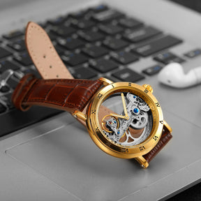 Relógios mecânicos vintage ponte dourada esqueleto automático relógio masculino luxo cinto de couro genuíno esculpido movimento luminoso mão
