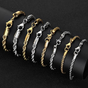 Pulseira em aço inoxidável Twist Chain para homens e mulheres, cor dourada retrô, acessórios de joias na moda Hip Hop