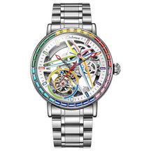 Relógio de Turbilhão de Pedras Preciosas Coloridas Arco-íris Masculino, Esqueleto, 30m, Relógios Esportivos, Luxo, Automático, Mecânico, Moda