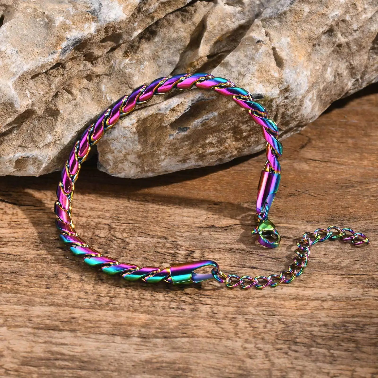 Vnox pulseiras de corrente de cobra feitas à mão de aço inoxidável colorido para homens meninos, pulseira de ligação de metal simples ajustável, joias hippie