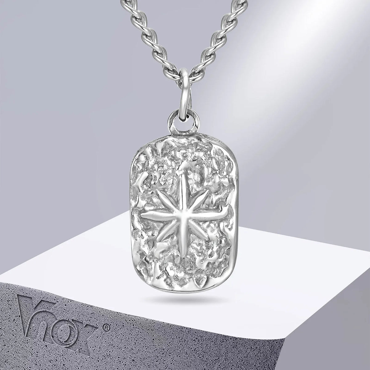 Vnox-Aço Inoxidável Dog Tag Colares, Oito Ponto Estrela Pingente, Nunca Desvanece-se, Cor Prata, Dogtag martelado, Dropship