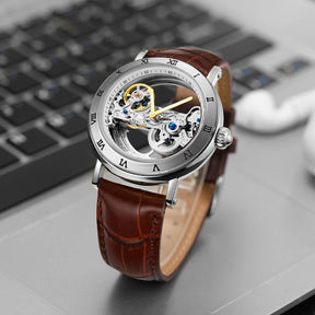 Relógios mecânicos vintage ponte dourada esqueleto automático relógio masculino luxo cinto de couro genuíno esculpido movimento luminoso mão